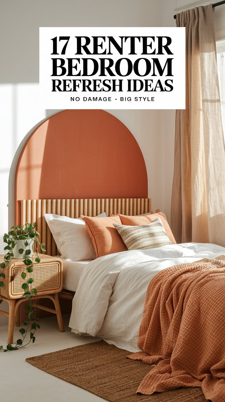 Bright and cozy bedroom with a modern, minimalist design featuring a low-profile wooden bed, white and terracotta bedding, and a bold terracotta half-arch painted on the wall behind the headboard. Natural light floods in through large windows with sheer beige curtains, while a woven nightstand with a trailing green plant adds a touch of warmth and texture.