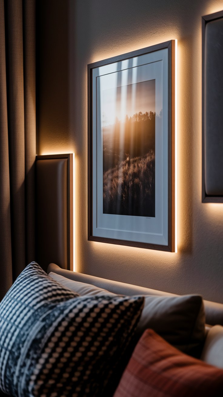 A framed photo of a sunlit field mounted on a wall with soft LED backlighting, creating a glowing halo effect behind it in a moody, modern space.