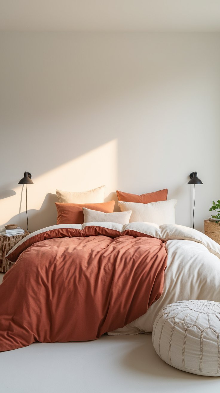 Minimalist bed setup featuring a rust and cream duvet with an arrangement of neutral and terracotta-toned pillows against a clean white wall. Black modern sconces flank the bed, with woven nightstands and a knitted pouf adding soft texture and earthy style to the sunlit space.