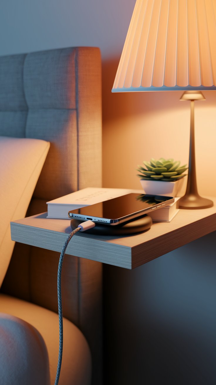 Modern floating bedside shelf attached to a tufted headboard, holding a smartphone on a wireless charger, a small stack of books, a potted succulent, and a softly glowing table lamp. The warm lighting creates a cozy and functional nighttime setup.