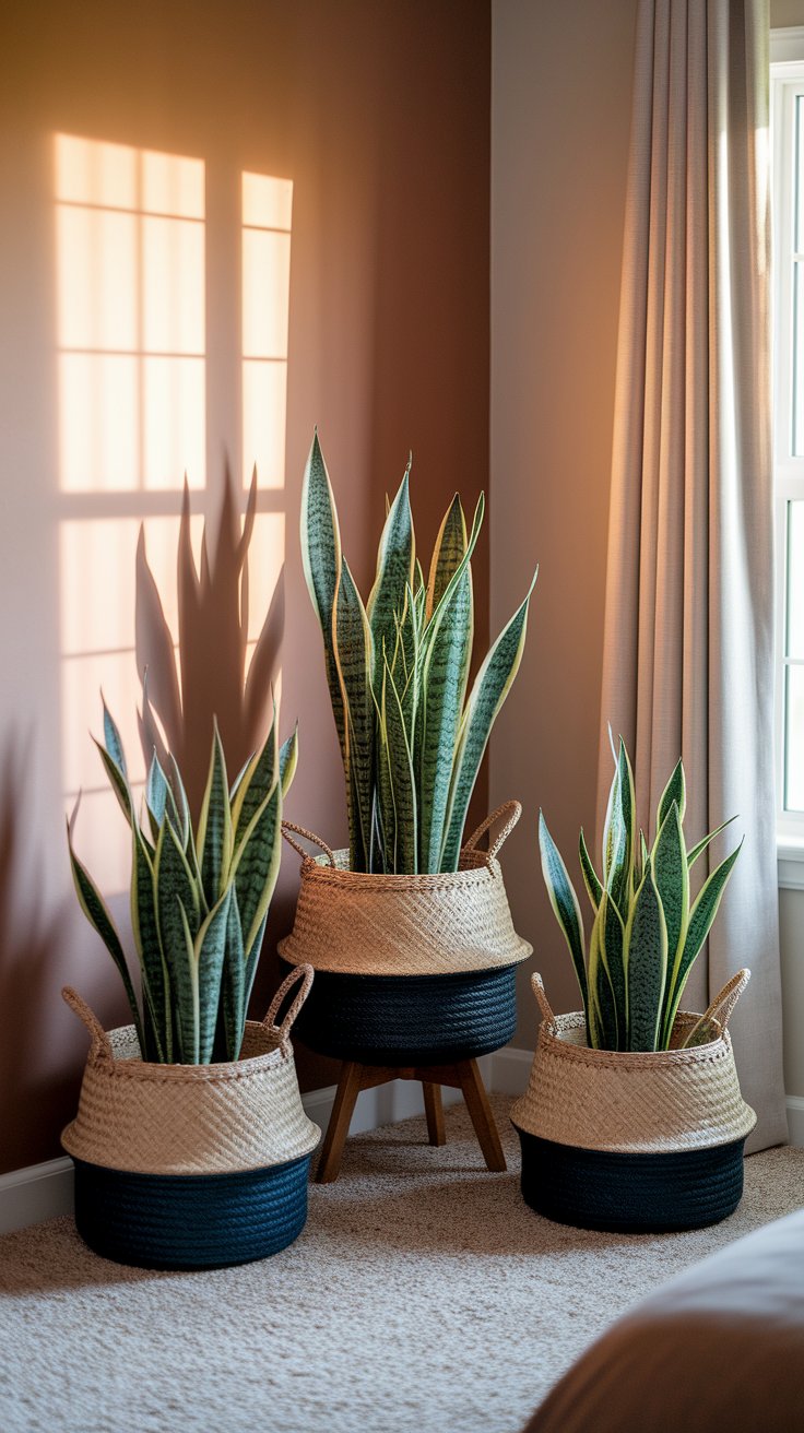Three tall snake plants in two-tone woven baskets are grouped in the corner of a sunlit room with a soft carpet and neutral curtains. The evening light casts long shadows of the plants onto a warm-toned wall, adding depth and natural charm to the space.