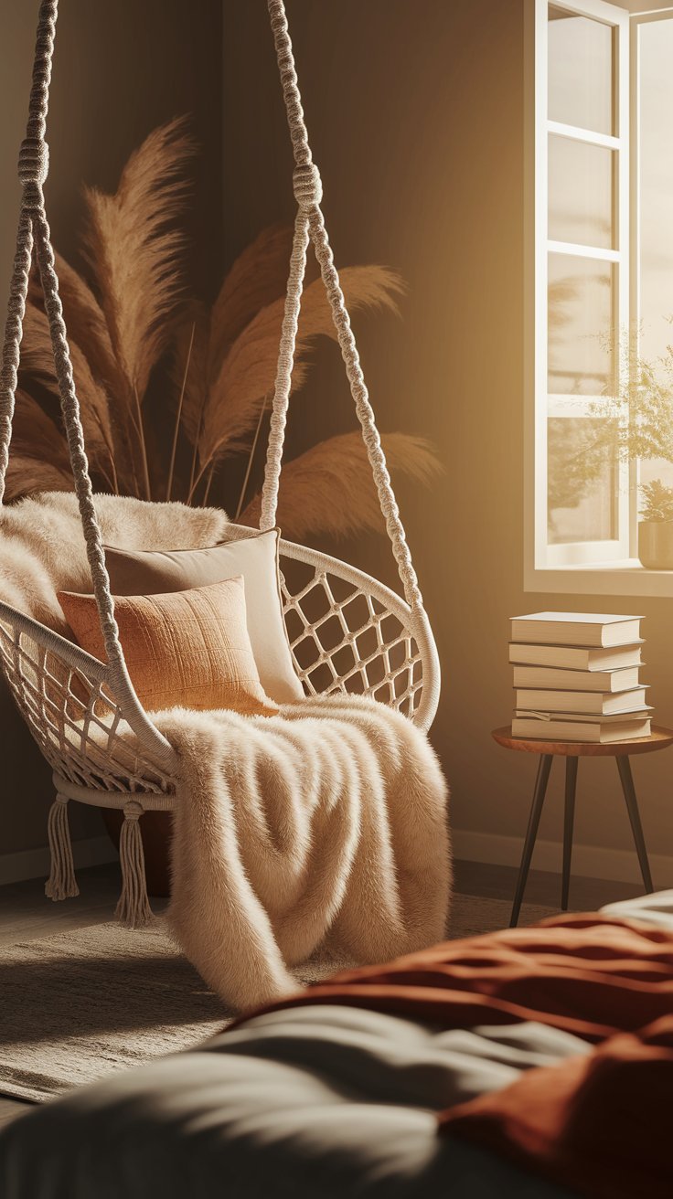 A cozy macramé swing chair with layered pillows and a faux fur throw sits in a sunlit bedroom corner beside a stack of books and soft pampas grass decor.