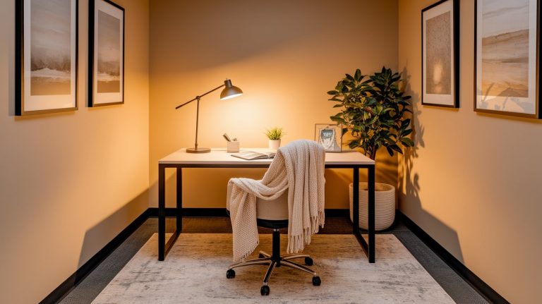 Cozy minimalist office nook with a simple desk, a black desk lamp, a small potted plant, and an open notebook, featuring a white swivel chair draped with a chunky knit blanket. The walls are decorated with neutral-toned framed artwork, and a leafy plant in a woven basket adds a touch of greenery beside the desk.