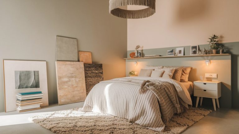Cozy and artistic bedroom with a textured beige comforter, layered pillows, and a soft shag rug, styled with earthy tones and creative wall accents. A floating shelf behind the bed displays framed art, books, and plants, while stacked canvases and books on the floor add a casual, studio-like vibe beneath a statement fringe chandelier.