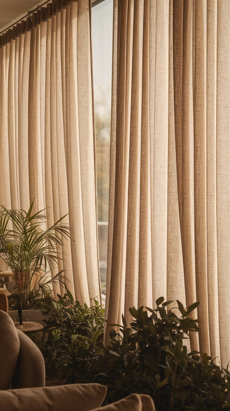 Tall beige curtains hang from ceiling to floor, creating an illusion of height in a cozy living space filled with lush green plants. The soft natural light filtering through the fabric enhances the warm, earthy tones of the room.