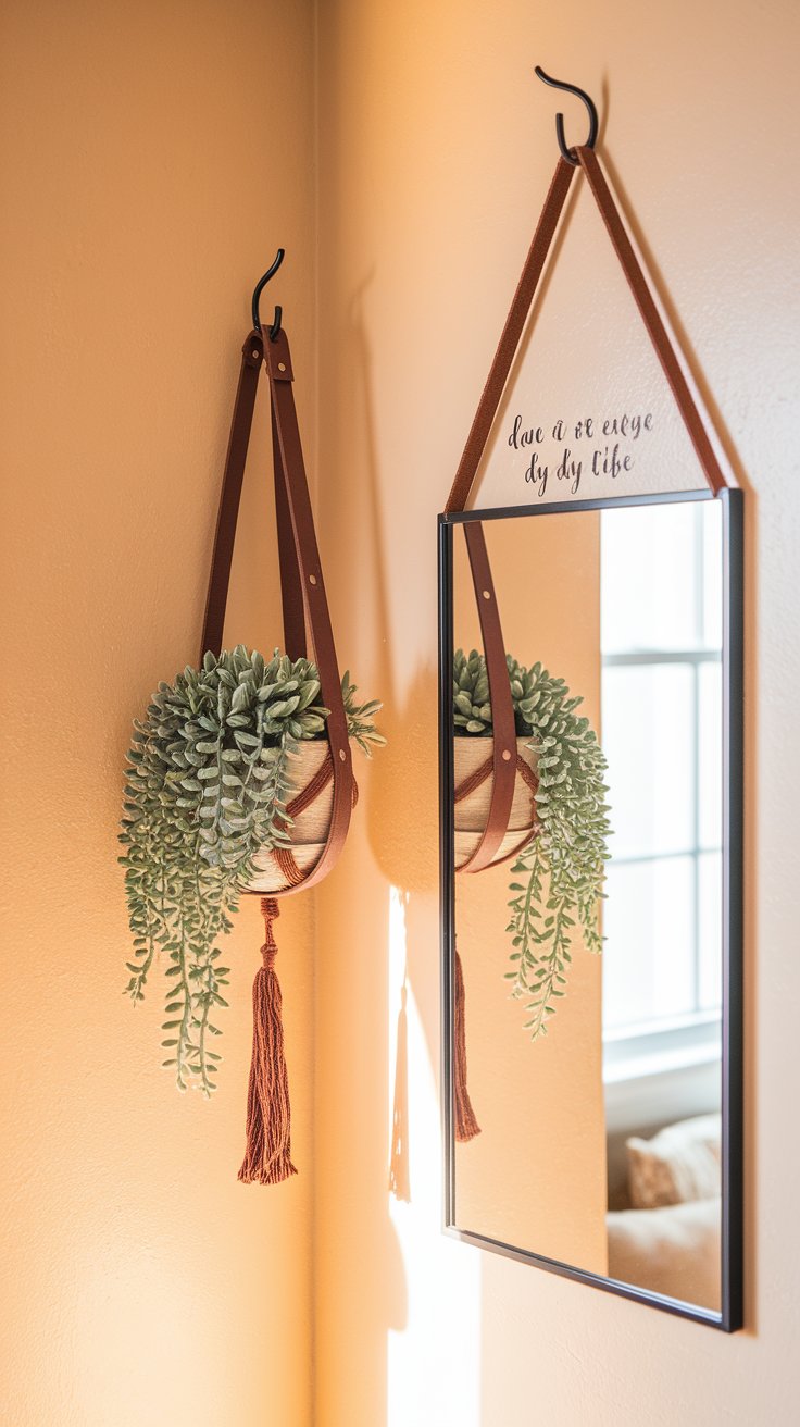 Corner wall with a hanging mirror and a macrame plant holder featuring a trailing succulent in a striped basket with leather straps and a rust-colored tassel. The mirror reflects the window light and displays partially readable script that appears to say, “love a... every day of life.”