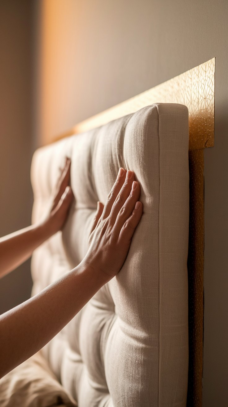 Close-up of a person’s hands pressing against a padded, tufted fabric headboard with a golden textured peel-and-stick panel behind it. The scene is softly lit, emphasizing the tactile comfort and elegant DIY touch of the headboard setup.