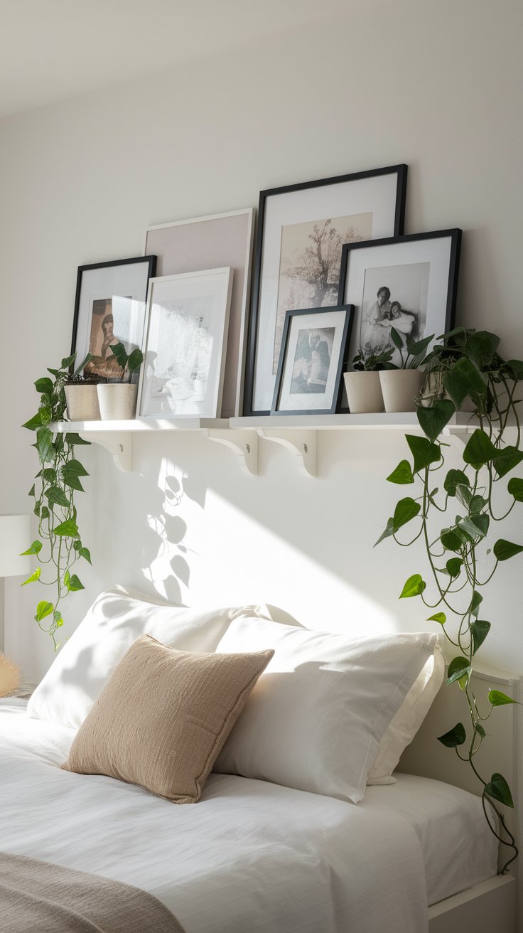 Bright bedroom scene with a white floating shelf above the bed, styled with framed art prints in black and white tones and cascading potted pothos plants. The bed below features crisp white linens and a textured beige accent pillow, bathed in natural light.