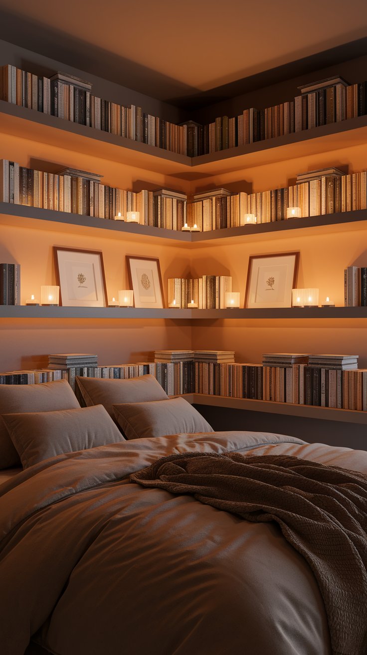 A cozy reading nook with a bed tucked beneath wraparound floating bookshelves, lit by small candles and displaying framed art between rows of books.