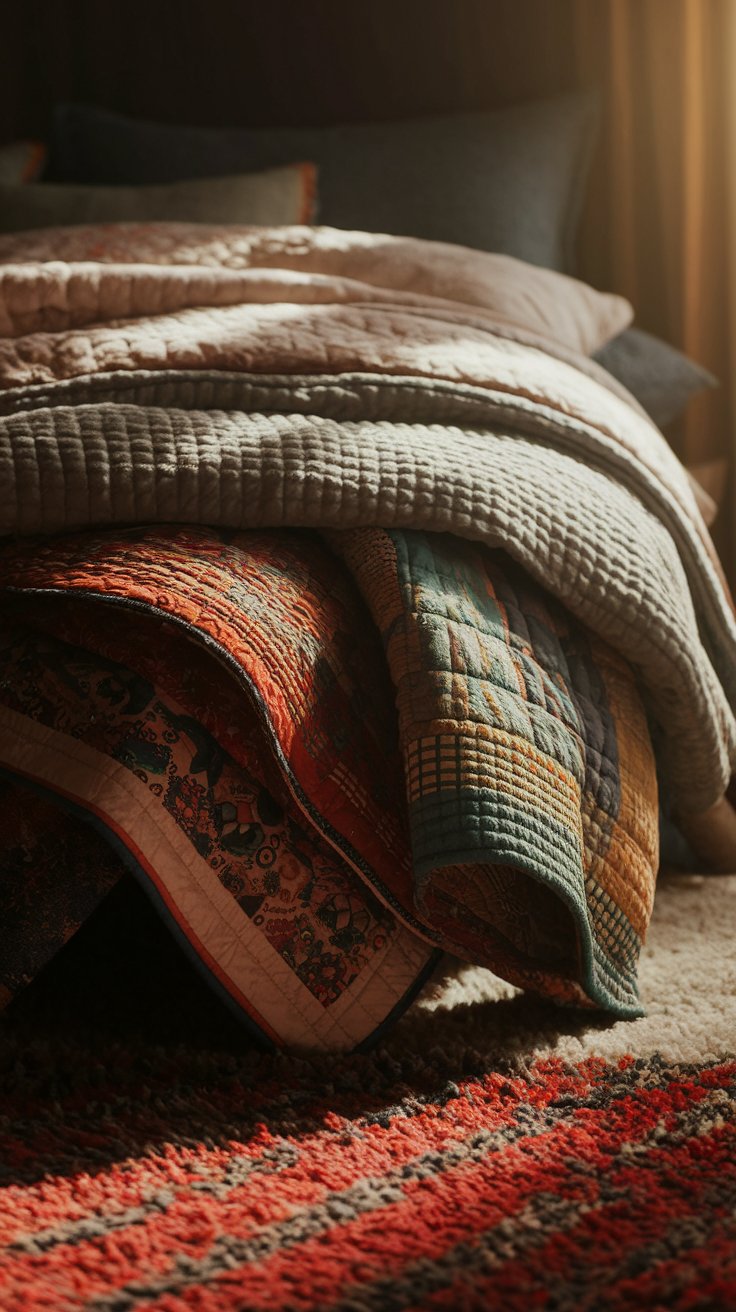 A stack of thick quilts and patchwork blankets folded on the floor at the foot of a bed, layered over a red and brown patterned rug in soft lighting.