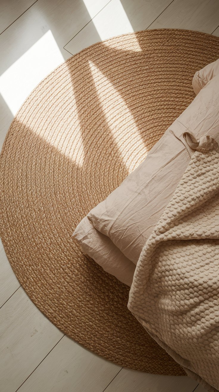 Close-up of a round woven jute rug placed on light-toned wood flooring, next to a bed draped in beige linens and a textured knit blanket. Sunlight streams in through a window, casting bold, graphic shadows across the rug’s natural fibers.
