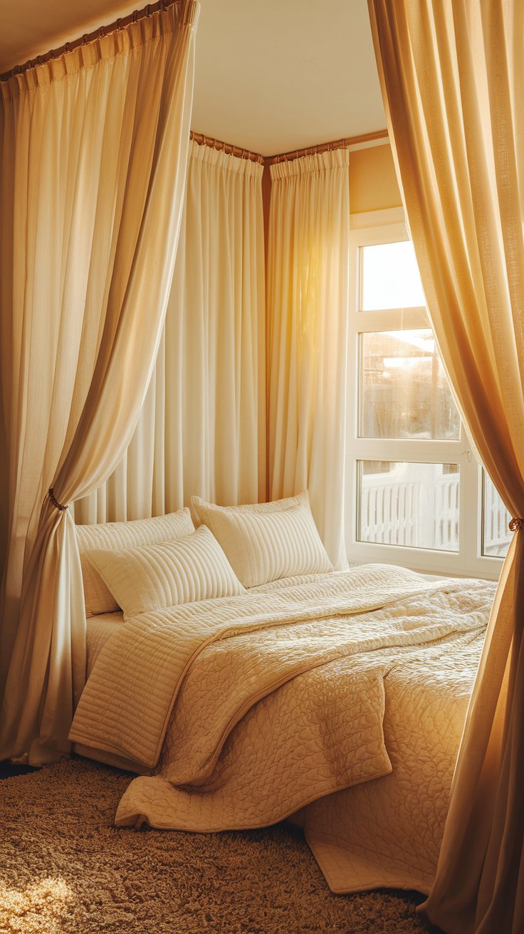 A serene bedroom surrounded by creamy, floor-to-ceiling curtains on all sides, with a softly lit window and neutral bedding creating a cocoon-like feel.