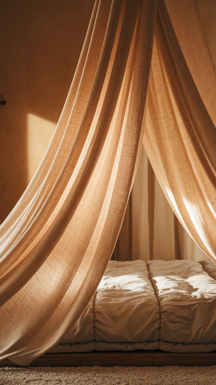 Natural linen drapes create a canopy effect over a low, tufted floor mattress, softly lit by daylight for a serene, minimalist sleep space.