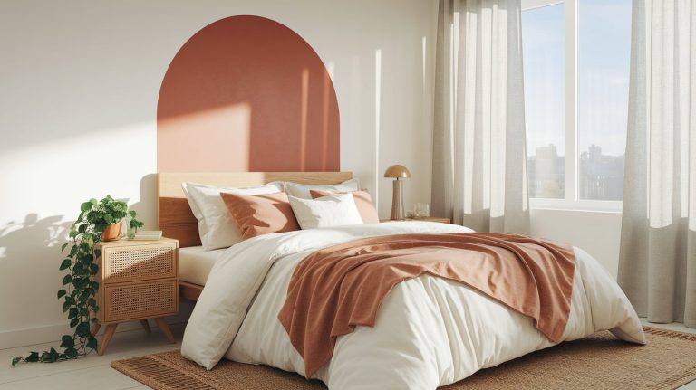 Bright and cozy bedroom with a modern, minimalist design featuring a low-profile wooden bed, white and terracotta bedding, and a bold terracotta half-arch painted on the wall behind the headboard. Natural light floods in through large windows with sheer beige curtains, while a woven nightstand with a trailing green plant adds a touch of warmth and texture.