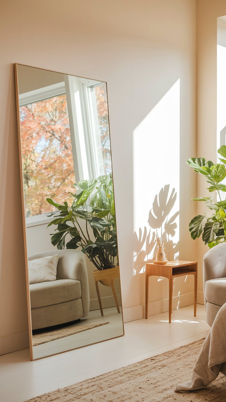 A full-length mirror leans against a wall reflecting a large leafy plant and a cozy armchair, bathed in natural light from a window with autumn trees outside.