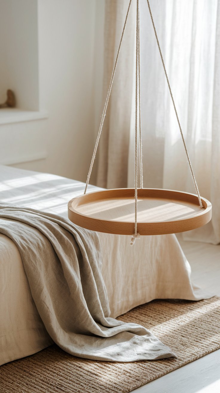 A round wooden tray suspended from the ceiling with white rope, floating beside a bed draped in soft beige linens in a sunlit, minimalist bedroom.