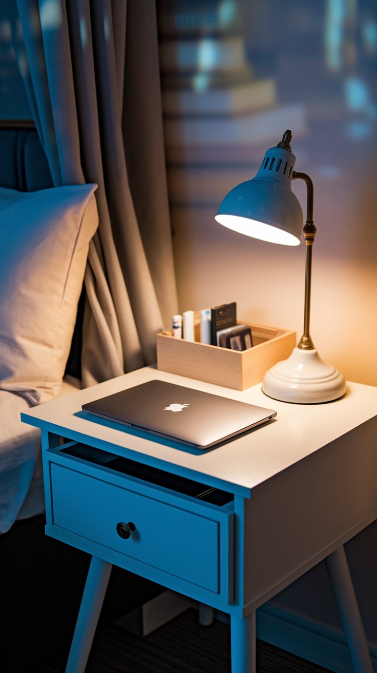 A compact white nightstand doubles as a desk, holding a closed laptop and desk lamp, with a wooden tray of books and essentials nearby under moody evening light.