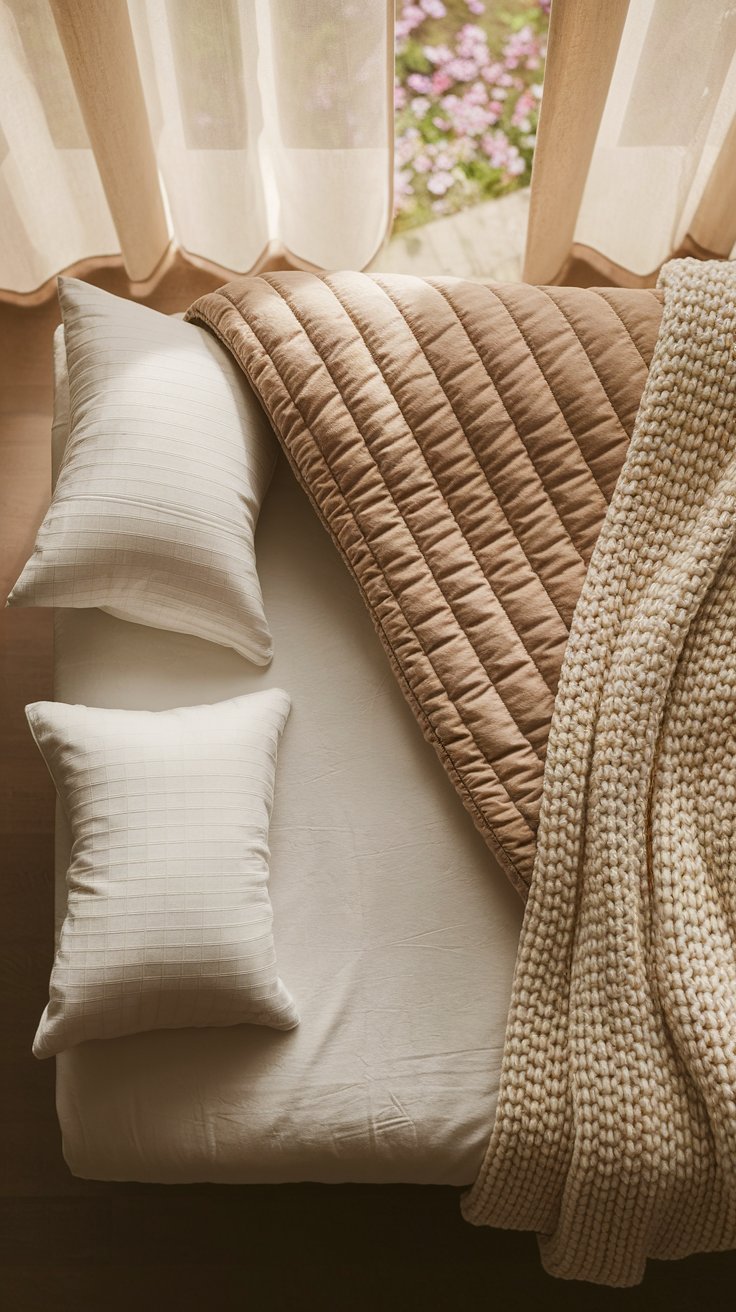 Top-down view of a neatly made bed with soft cream sheets, two ivory grid-pattern pillows, a caramel quilt, and a chunky knit blanket. Sheer beige curtains let in sunlight from a window overlooking blooming pink flowers outside, creating a serene, cozy atmosphere.