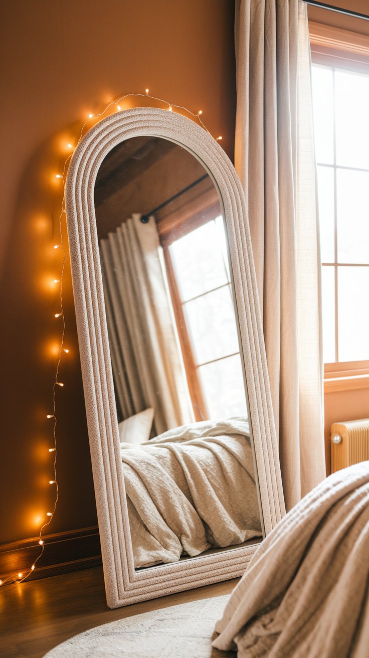 Arched floor mirror with a textured, rope-wrapped frame leaning against a caramel-colored wall, adorned with a string of warm fairy lights. The mirror reflects a cozy bed draped in a neutral blanket, set beside tall cream curtains and a sunlit window.
