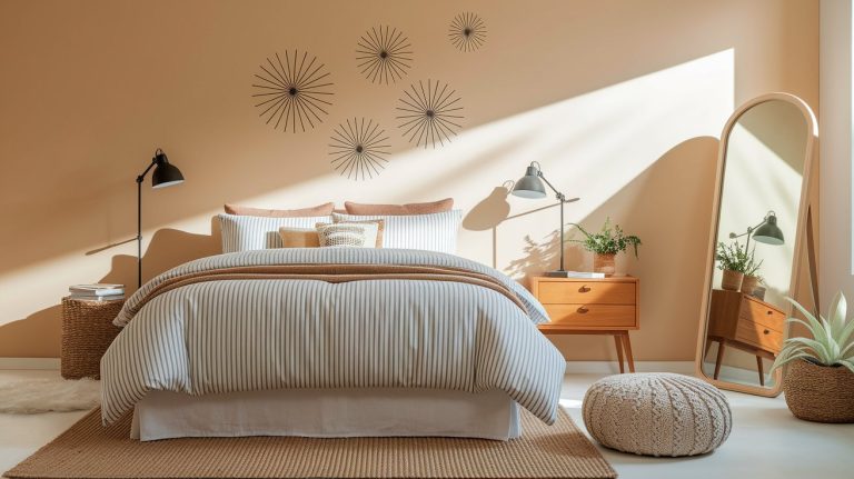 Bright and airy bedroom styled with a modern, cozy aesthetic featuring a striped comforter set in neutral tones, warm tan walls, and mid-century modern wood nightstands with black reading lamps. A tall arched mirror reflects light from the window, while a knitted pouf, jute rug, potted plants, and metal burst wall decor add natural and textural accents.