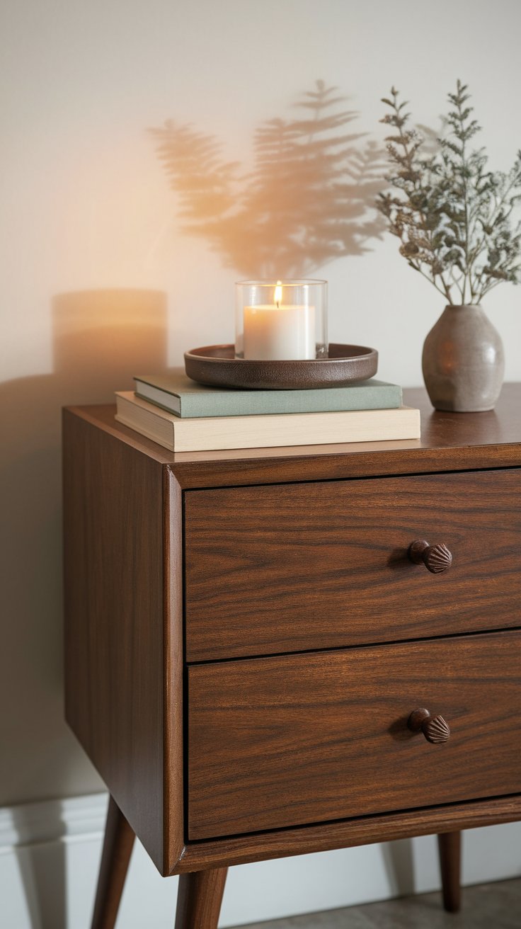Close-up of a mid-century modern wooden nightstand with two drawers, styled with stacked neutral-toned books, a lit candle in a glass holder on a ceramic tray, and a small vase with dried greenery. Soft shadows from the candlelight add warmth and depth to the minimalist decor.
