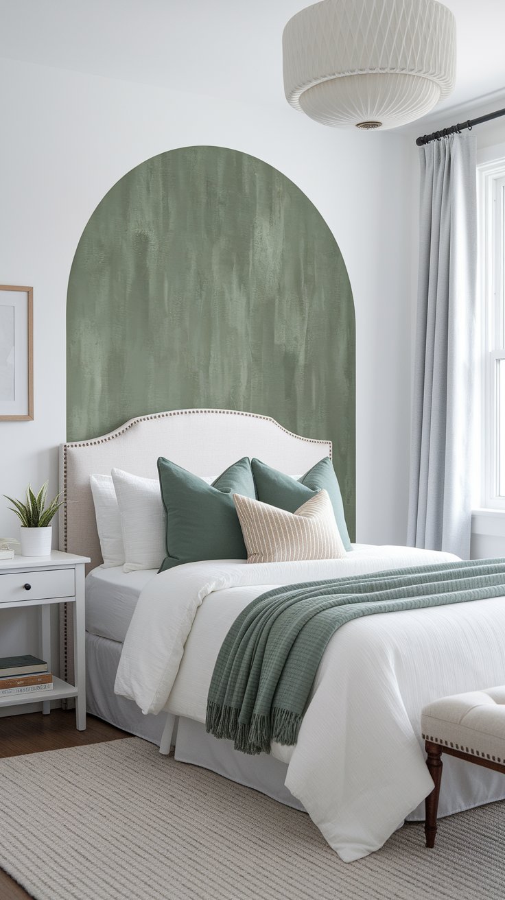 Bright and airy bedroom with a white upholstered bed framed by a large sage green peel-and-stick accent arch behind the headboard. The bed features a layered mix of white, green, and beige pillows, a textured green throw, and sits between a white nightstand and a window with sheer curtains.