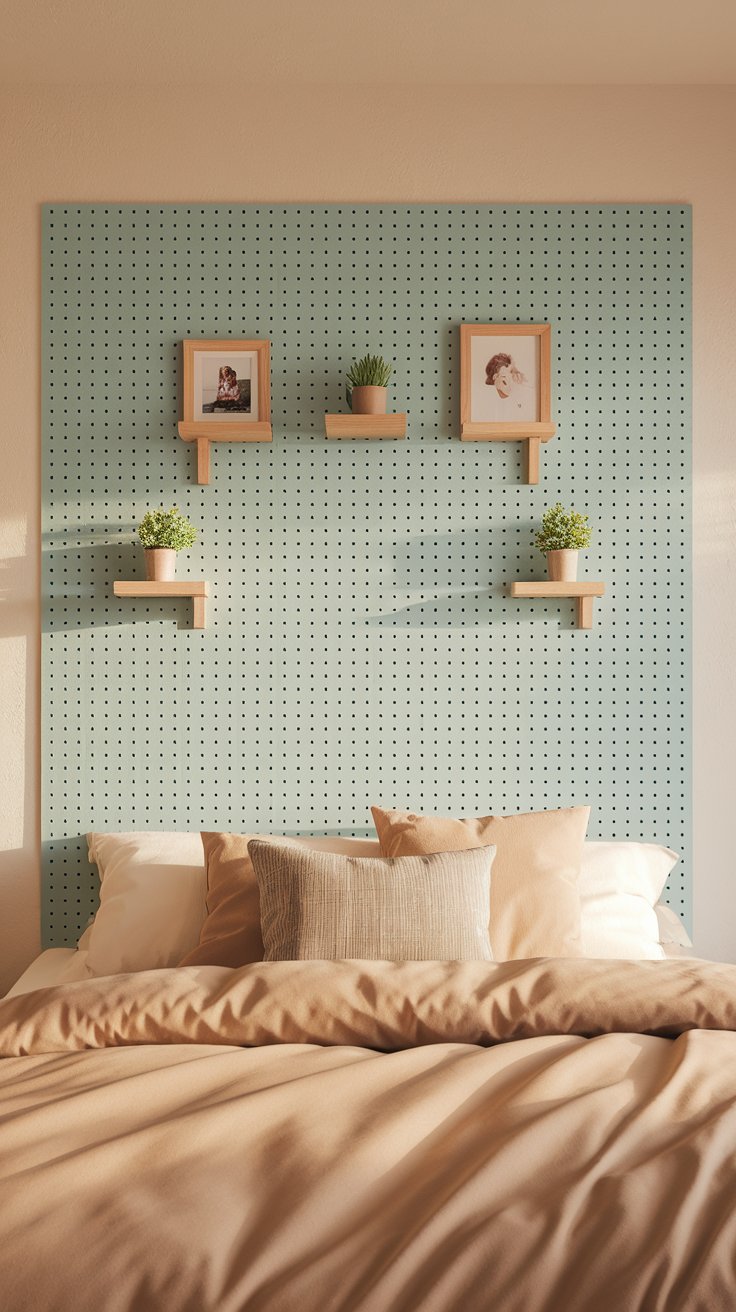 A mint-green pegboard serves as a headboard, styled with small floating shelves holding framed photos and tiny potted plants above a beige bed.