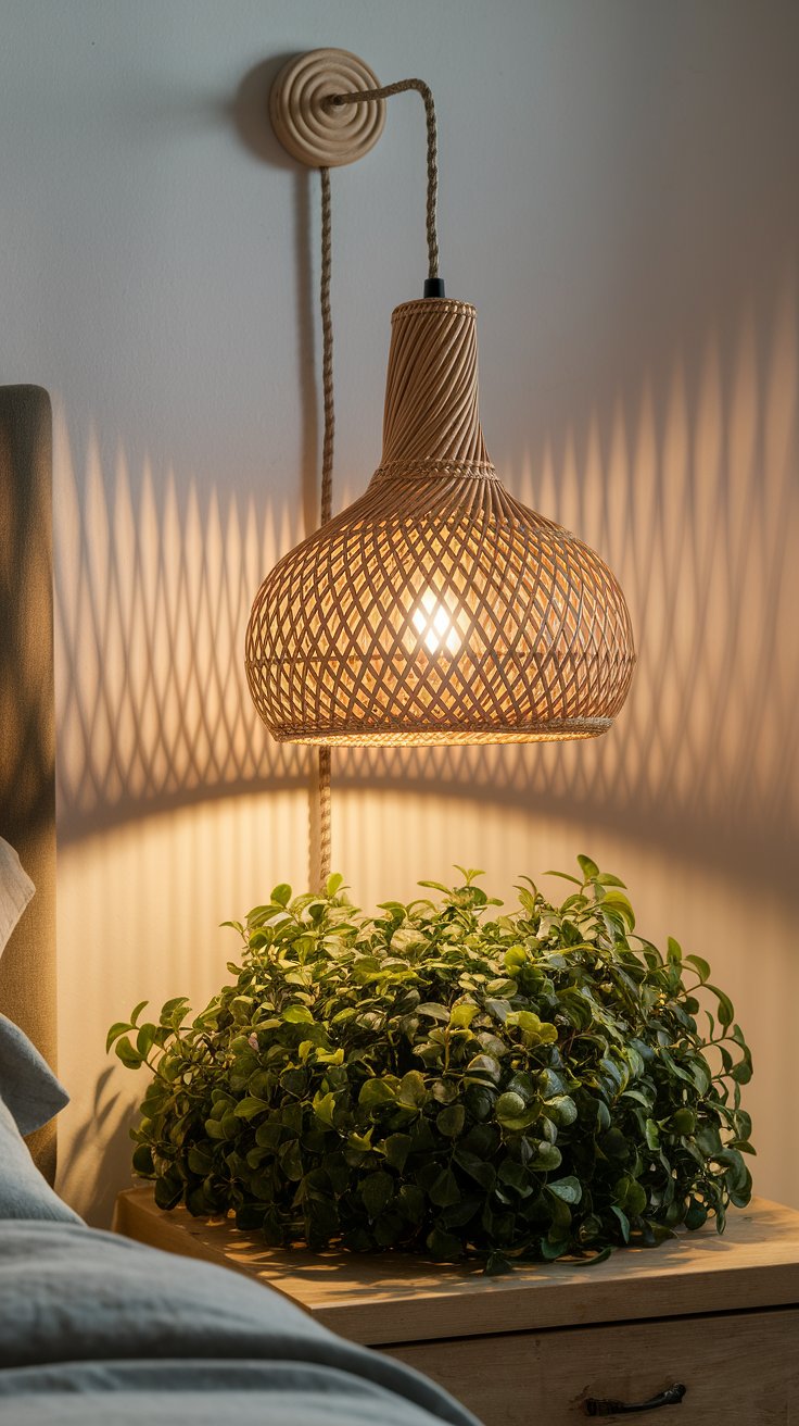Warmly lit bedroom corner featuring a plug-in rattan pendant light casting patterned shadows on the wall above a lush green potted plant on a wooden nightstand. The braided cord and natural textures add a relaxed, boho-inspired vibe to the space.