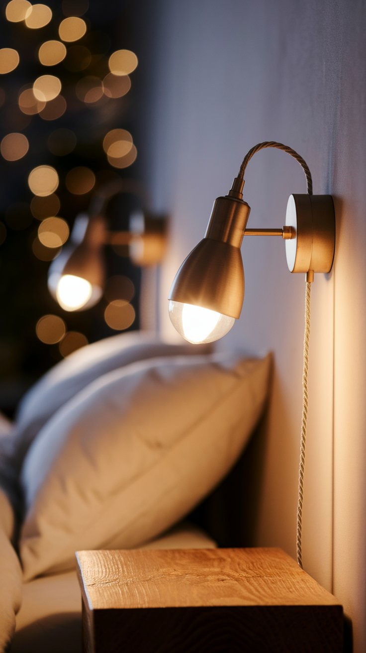 Close-up of a cozy bedroom scene featuring a warm-glowing matte brass wall sconce above a bed with fluffy white pillows. A wooden nightstand sits beneath the light, while blurred bokeh lights in the background add a soft, ambient holiday or evening feel.