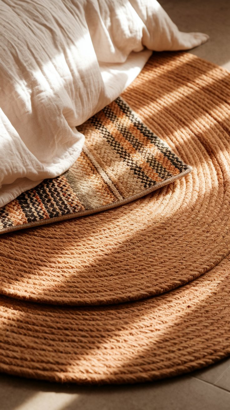 Close-up of a cozy layered rug setup with a textured round jute rug beneath a smaller woven rug in warm earth tones and geometric patterns, partially tucked under a bed with crinkled white bedding. Sunlight filters across the scene, highlighting the natural textures.