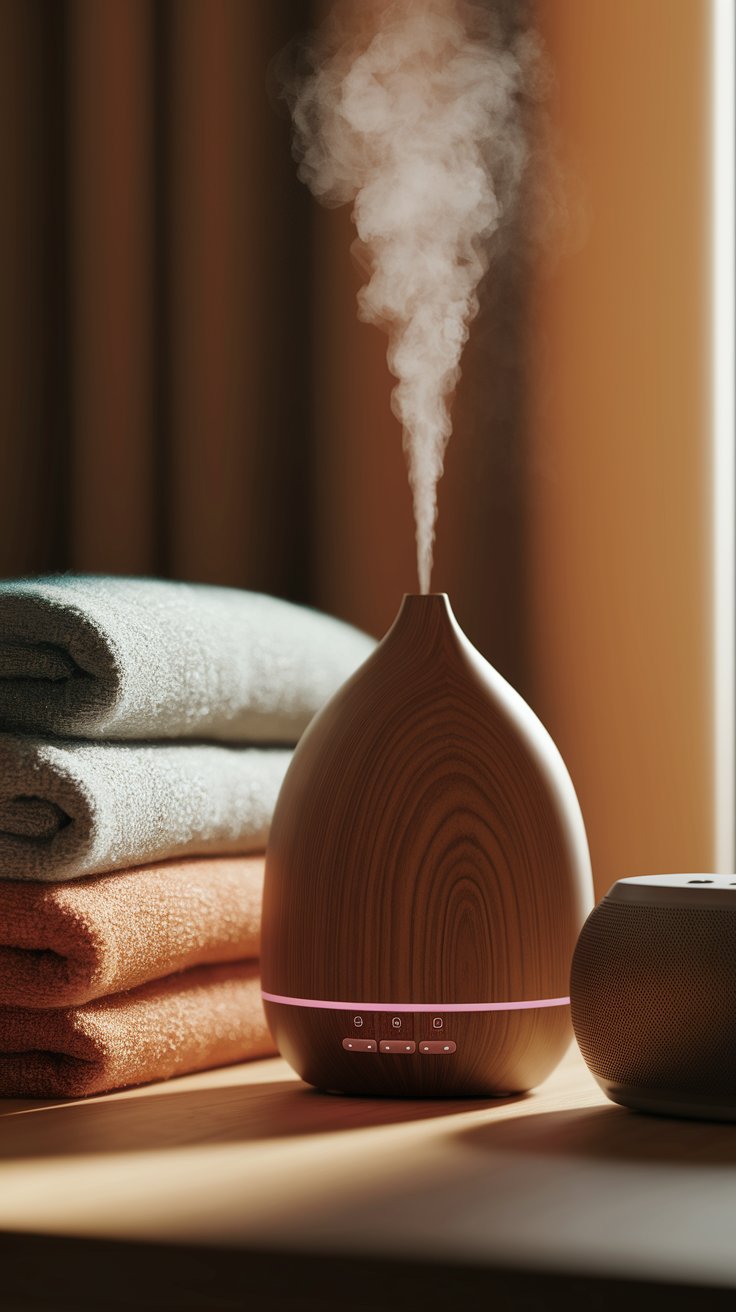 A modern wood-grain essential oil diffuser emits a soft stream of mist beside a small smart speaker, creating a calming atmosphere. The setup is placed on a wooden surface near neatly folded towels in warm and cool tones, bathed in gentle natural light.