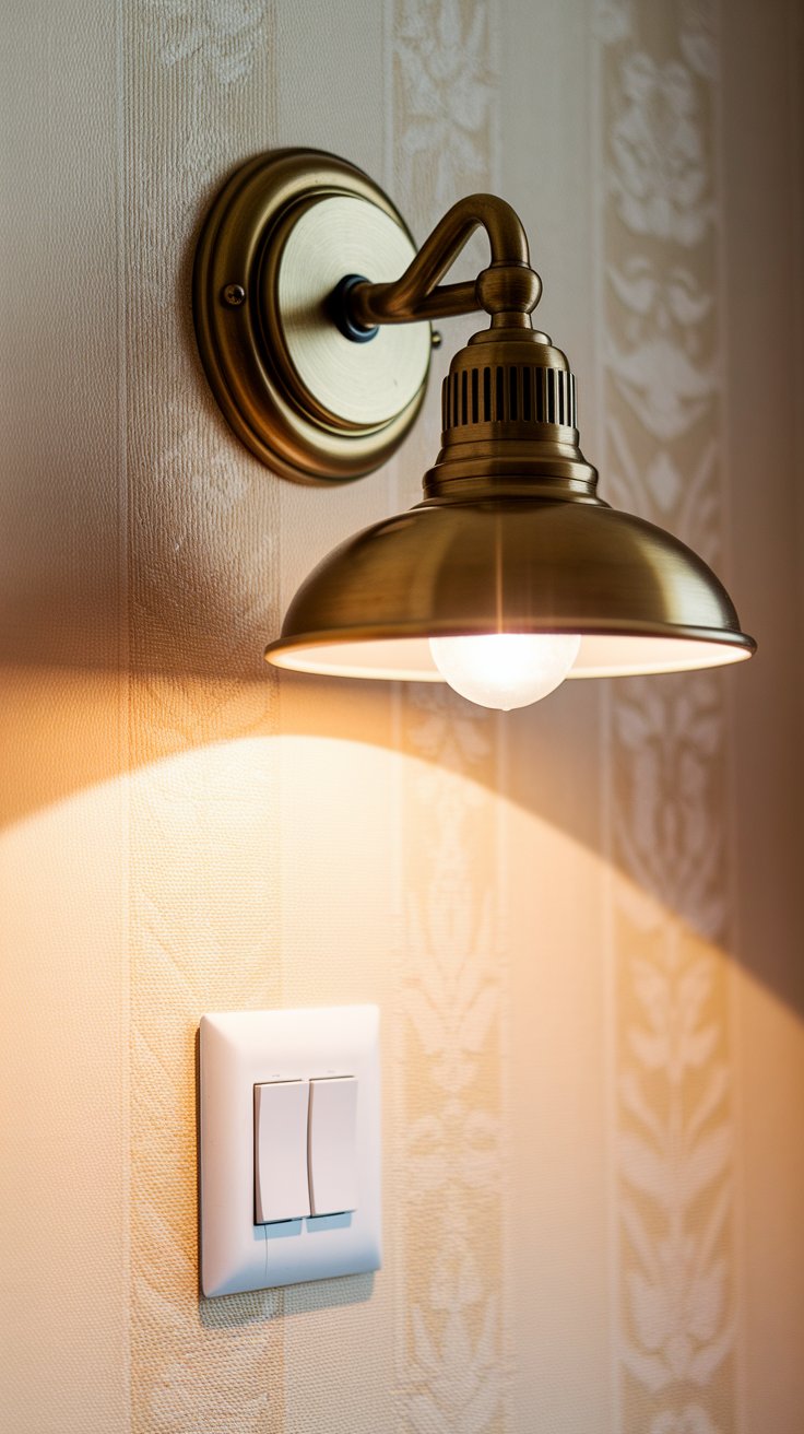 A vintage-style brass wall sconce with a glowing bulb mounted above a modern double light switch on textured, patterned wallpaper.