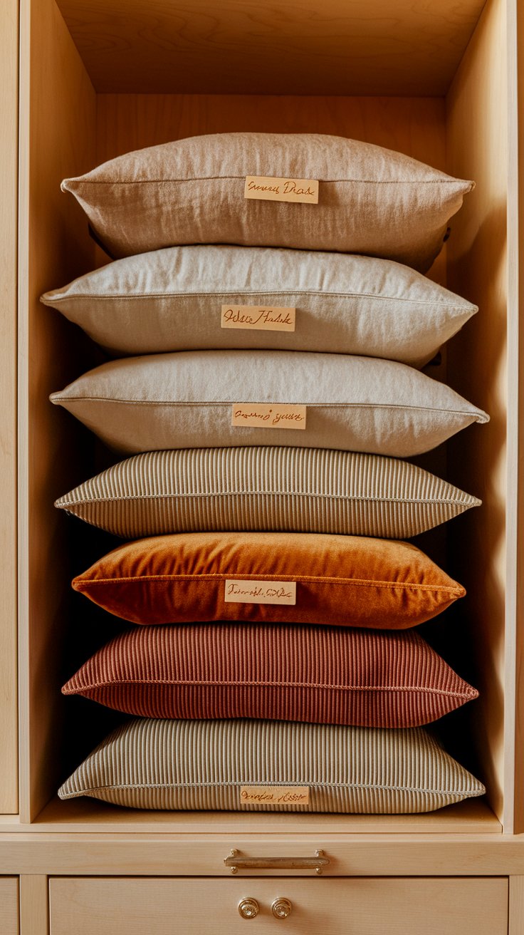 Stack of folded pillow covers (linen, velvet, corduroy) on open shelf with handwritten season labels; bright, even daylight, tactile fabric detail, tidy organization.