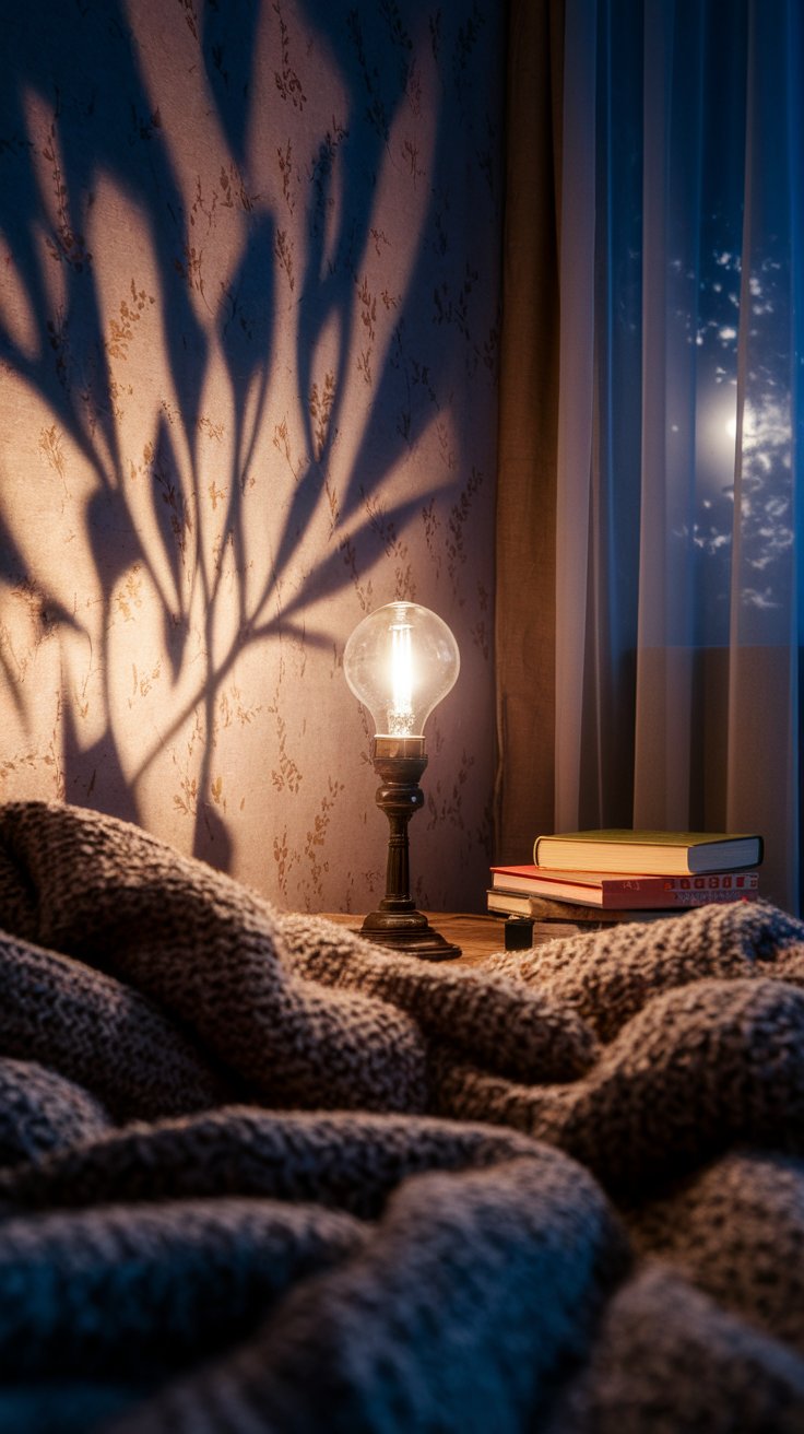 A glowing filament bulb on a nightstand casts dramatic plant shadows on a wallpapered wall, with a cozy knit blanket in the foreground and the moon visible through sheer curtains.