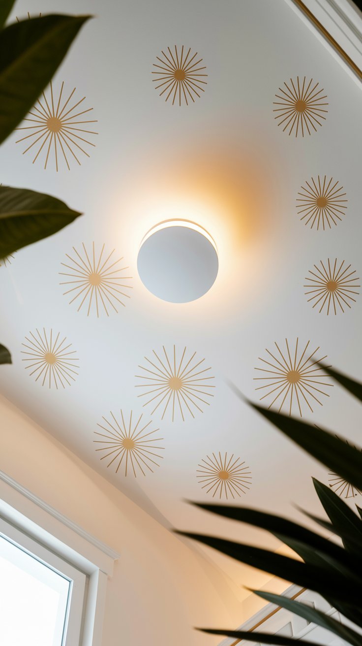 A white ceiling decorated with gold starburst decals surrounding a modern flush-mount ceiling light that emits a soft, warm glow. The view is framed by leafy green plants and part of a window, giving the space a fresh, contemporary feel.