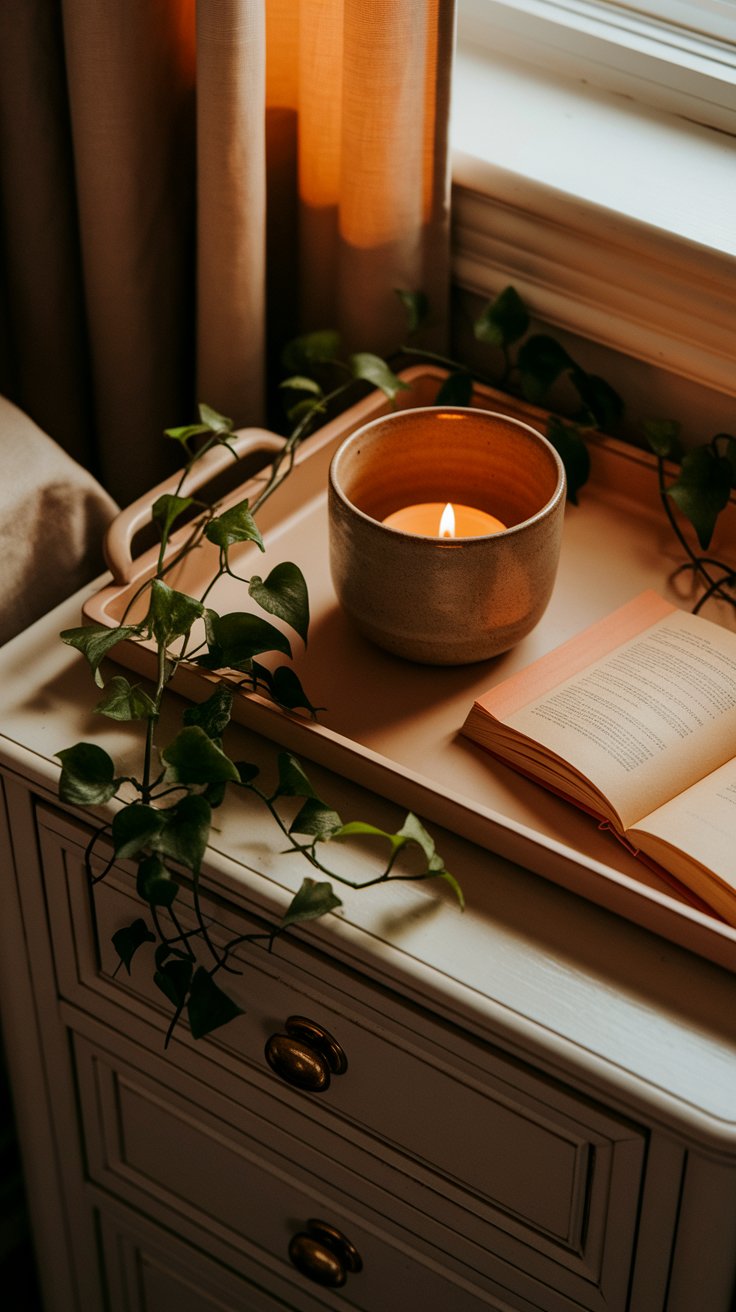 Cozy nightstand scene with a cream-colored tray holding a lit ceramic candle and an open book, accented by trailing green ivy. Soft light filters through beige curtains beside a window, adding warmth and a relaxed, styled look to the bedside vignette.