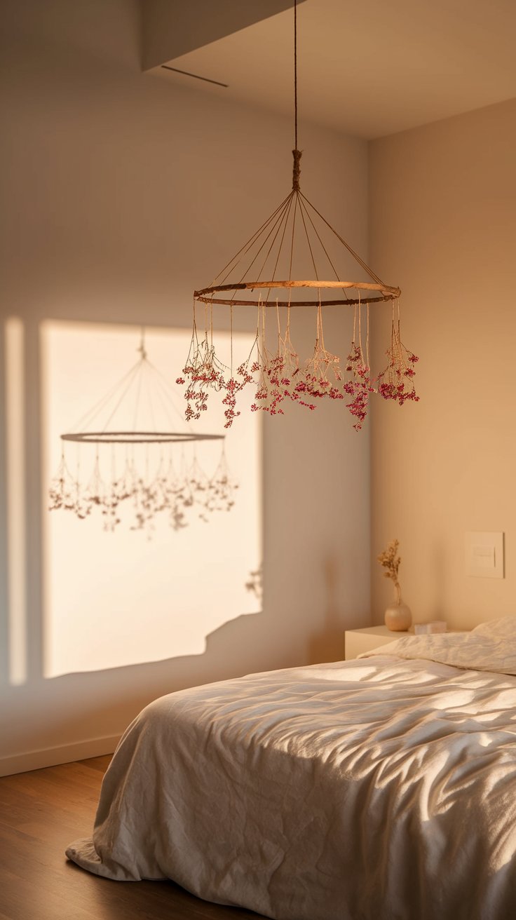 A delicate hanging mobile with twine and clusters of pink dried flowers suspended above a bed, casting soft shadows against a beige wall in golden-hour light.