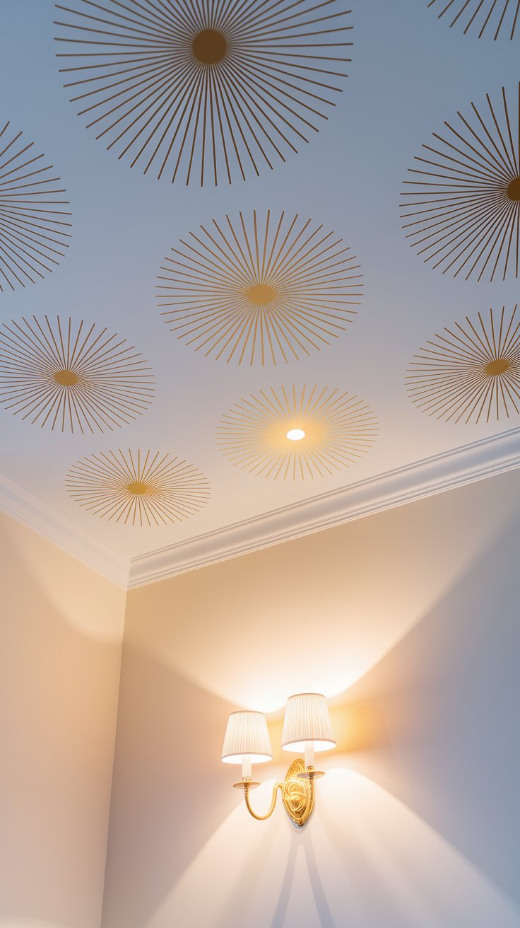 Close-up of a ceiling decorated with gold sunburst decals arranged in a scattered pattern, centered around a recessed light fixture. Below, a wall-mounted double sconce with white pleated shades casts a warm glow on the cream-colored wall and ceiling.