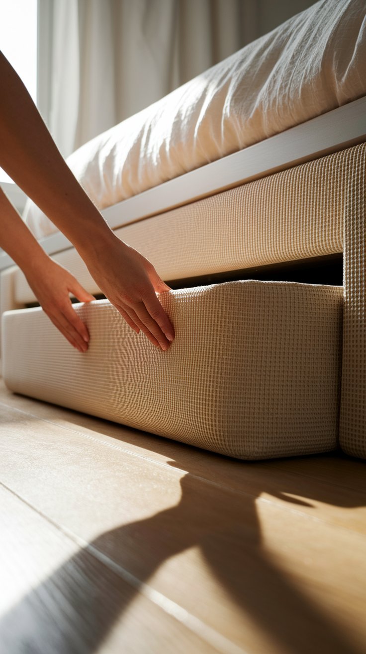 Close-up of hands pulling out a textured fabric-covered under-bed storage drawer from beneath a neatly made bed with soft white bedding. The sunlight highlights the wood floor and the tidy, space-saving design.