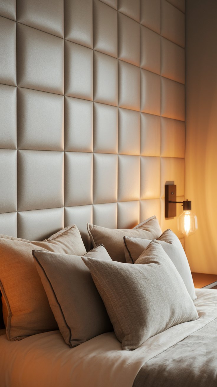 A close-up view of a bed with neutral pillows against a plush, square-tiled upholstered headboard wall, lit warmly from a wall sconce.