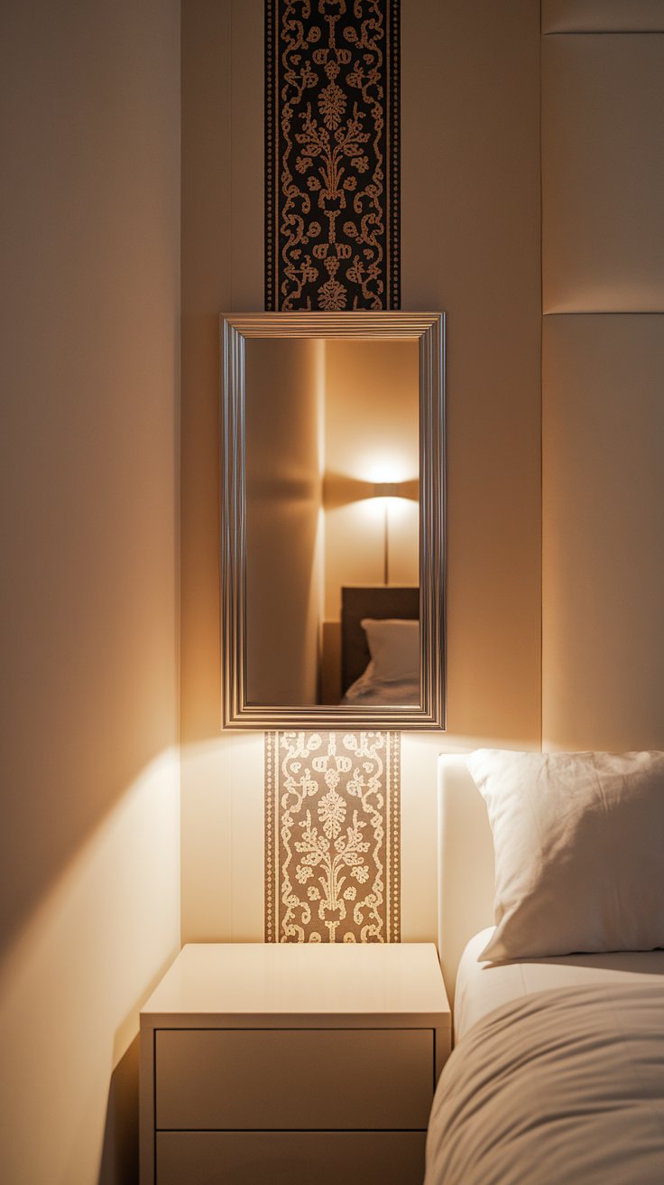 A tall framed mirror above a nightstand, backed by a vertical strip of ornate wallpaper that creates a framed effect between neutral wall panels.