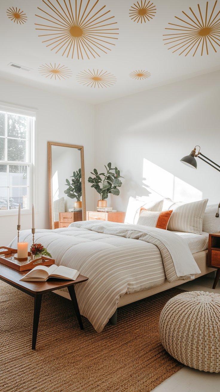 Bright and stylish bedroom featuring a light neutral palette, with a striped comforter set, warm wood furniture, and gold sunburst decals on the ceiling. Natural light streams in through a window beside a floor mirror and potted plant, while a woven pouf and jute rug add cozy texture; a wooden bench at the foot of the bed displays an open book, candles, and a small floral arrangement.