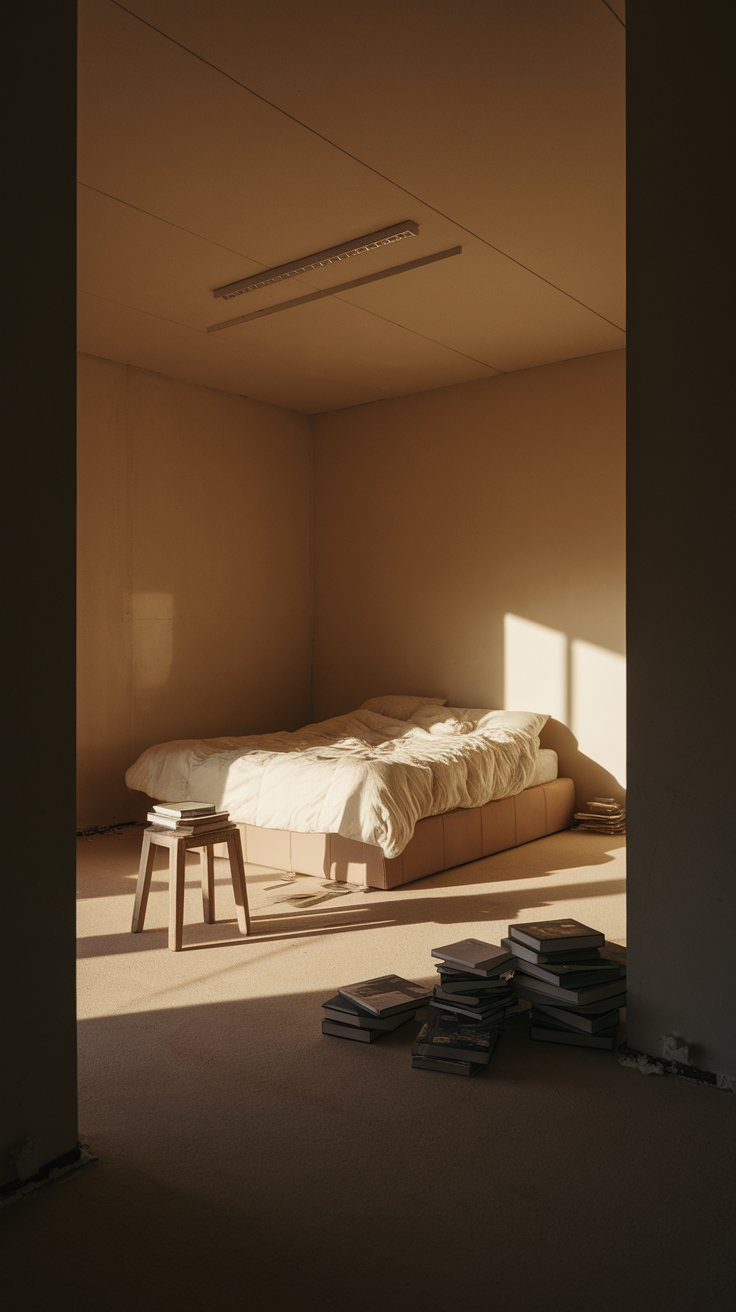 Minimalist bedroom with bare tan walls and soft natural light casting long shadows across a low beige platform bed with rumpled bedding. A wooden stool serves as a makeshift nightstand stacked with books, while more books are scattered on the floor, adding a lived-in, moody aesthetic.