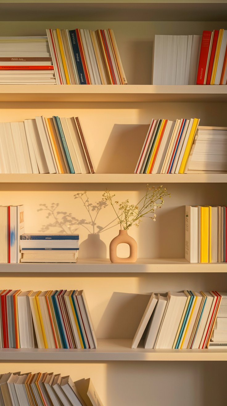 A color-organized bookshelf filled with books turned spine-in to reveal white and cream-toned pages, interspersed with a sculptural blush vase and dried flowers catching golden light.