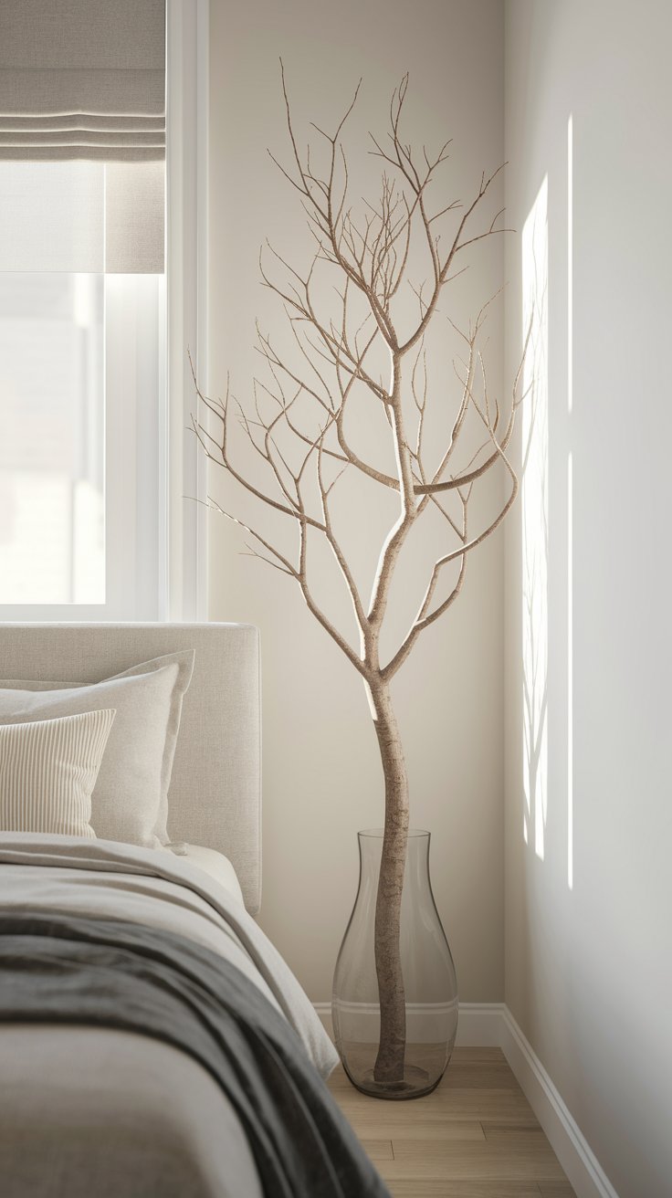 A bare, sculptural tree branch displayed in a tall, clear vase in the corner of a minimalist bedroom with soft gray and cream tones.