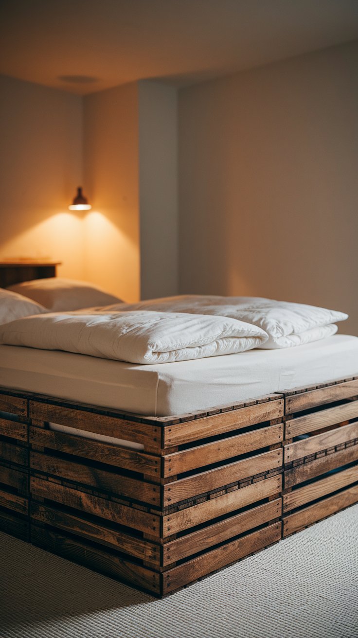 A cozy bed set atop a platform of stacked wooden crates, with thick white bedding and a soft wall sconce casting warm light in a minimalist room.