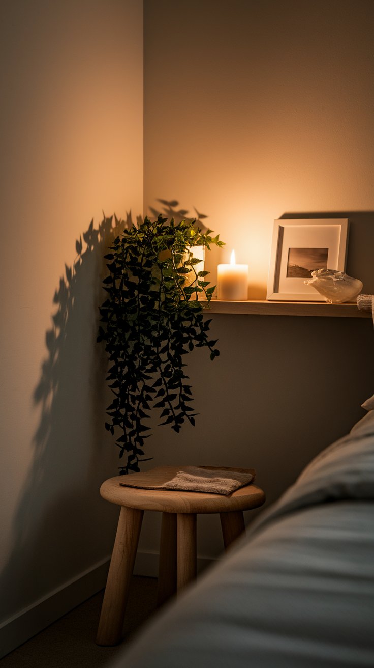 A small wooden stool placed beside a bed, with a shelf above holding a flickering candle, trailing greenery, a framed photo, and a shell sculpture, all under warm ambient lighting.