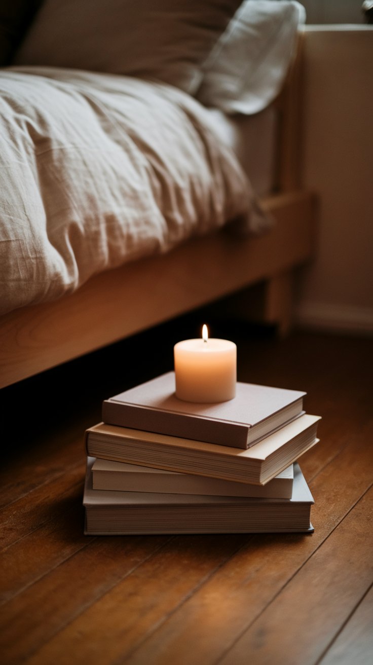 A lit candle sits atop a neatly stacked pile of books on a hardwood floor next to a bed with tan bedding. The setup creates a warm, minimalist, and bookish nightstand alternative.
