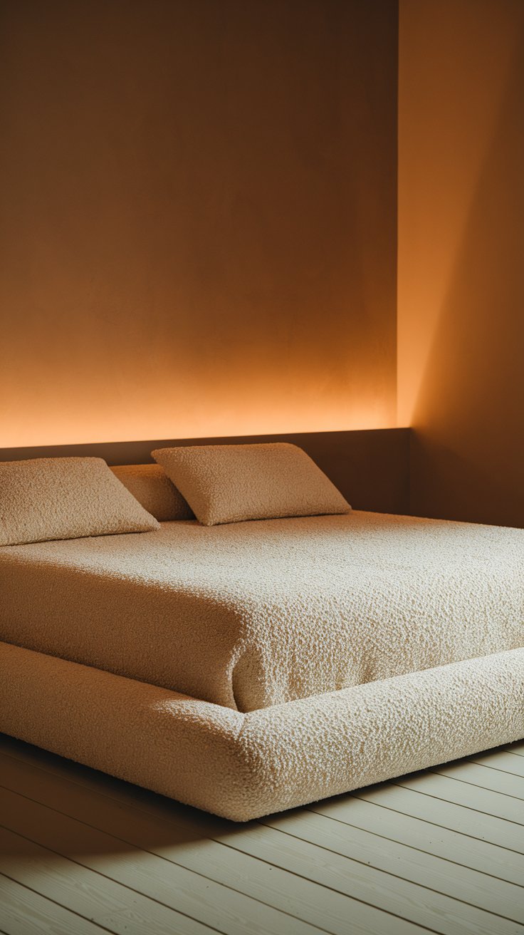 A modern, minimal bed covered in cream bouclé fabric with matching pillows, set against a caramel-toned wall with soft backlighting and light wood floors.