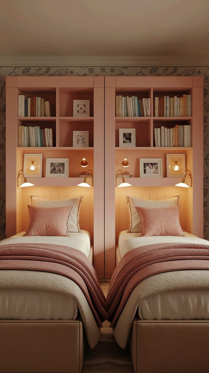 Back-to-Back Beds With Built-In Headboard Cubby Wall